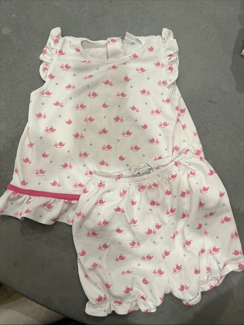 Kissy Kissy Baby Girl Whale Print 2-Piece Set Ruffle Top Bloomers 18-24M